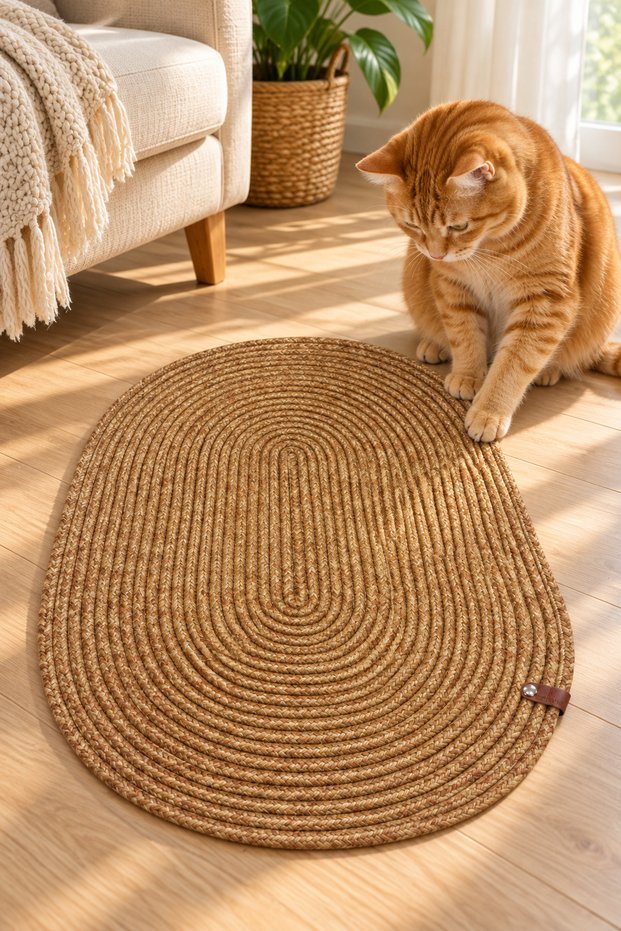 Tırmio Cat Play Mat, Knitted Scratching and Play Mat, 35 X 55 cm Cat Toy with String and Ball, Wicker-Jute Oval Paw Mat, Suitable for Indoor Use, Cats Play and Scratch on It, Decorative Cat Accessory