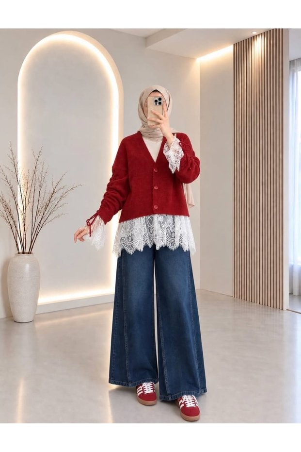 Tri̇ko Trend Lace Detail Cardigan