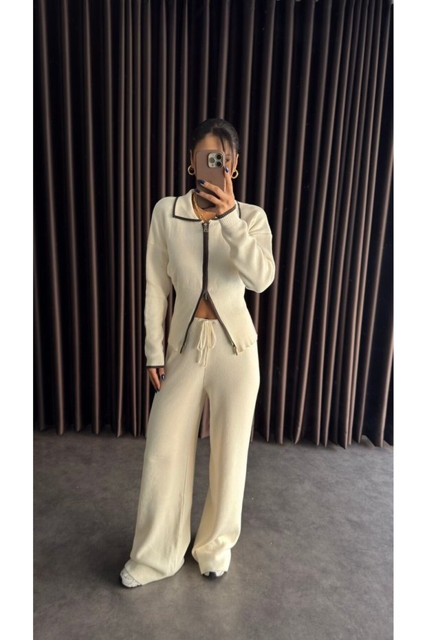 Double Zippered Waist-Fitted Cardigan Knitwear Set