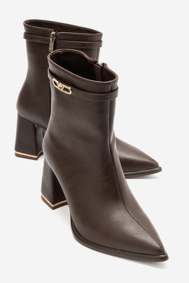 Women's Brown Leather Pointed-Toe Boots with Metal Buckle Detail and Thick Heel