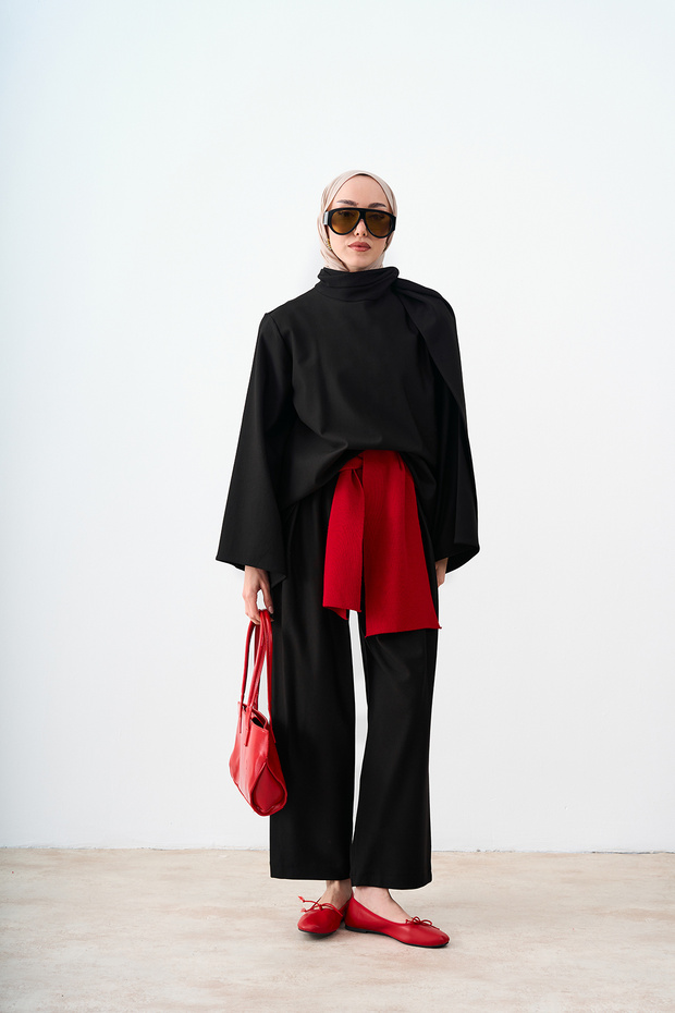 Women's Shawl Detail Asymmetrical Cut Set Black