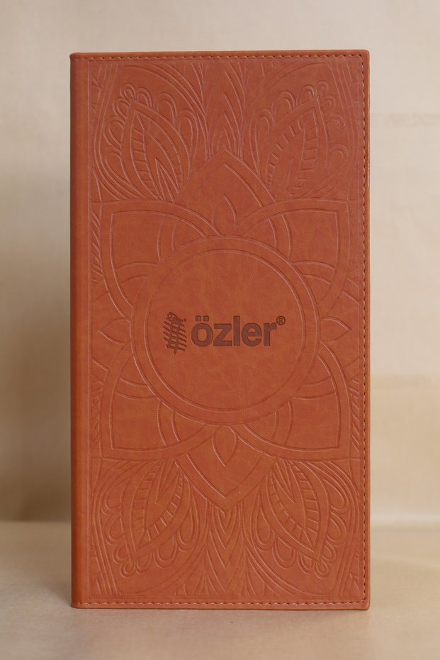 Tan Thermo Leather Menu Container with Pockets – Floral Patterned Hot Stamped 17.5X33 cm