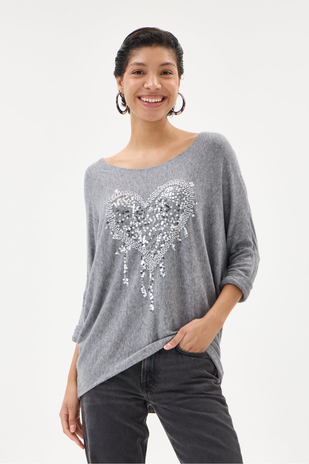 Women's Gray Italian Heart Patterned Sequined Lycra Knitwear Sweater 40 - 46 Size