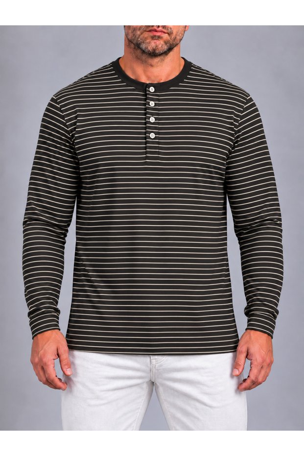 Men's Striped Henley Collar Long Sleeve T-Shirt