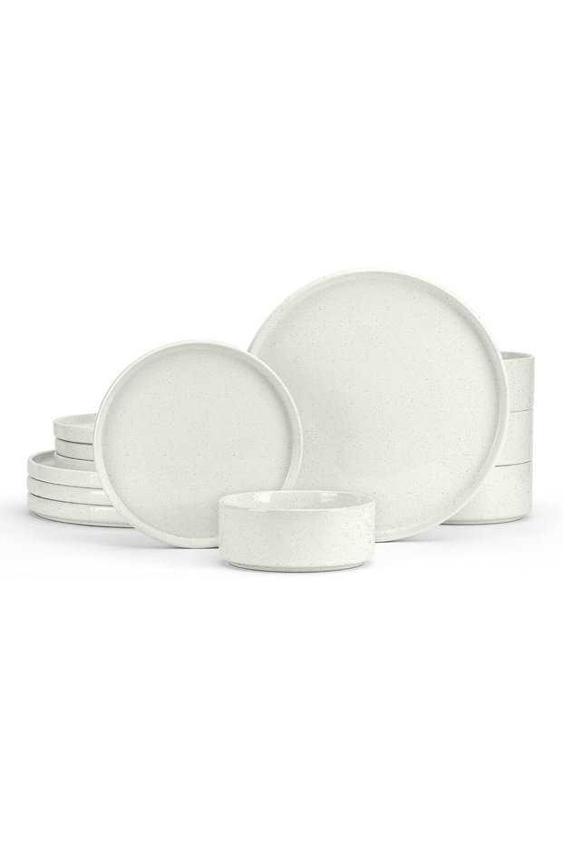 E-far Stoneware Dinnerware Sets, 12-Piece Plates and Bowls Set for 4, White