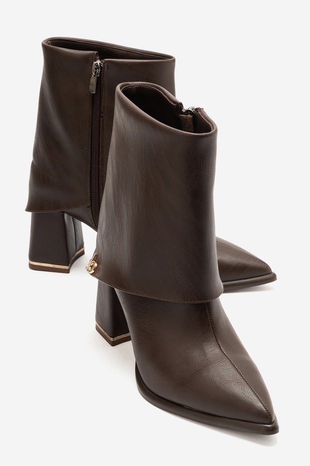 Women's Brown Leather Pointed-Toe Boots with Folded Detail and Metal Accessories, Thick Heeled Boots