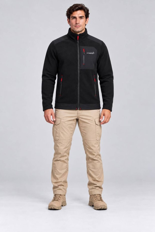 Men's Black Fleece Jacket with Full Zipper, Stand Collar, Pockets, for Daily Use