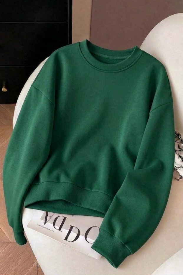Unisex Green Crew Neck Three Yarn Cotton Loose Fit Sweatshirt