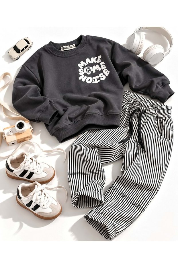 Make some noise printed black sweatshirt and black and white striped wide leg pants kids set