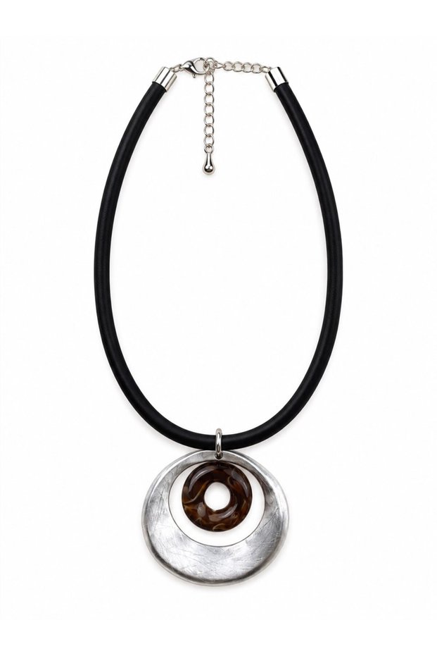 Ring Shaped Silver Leather Cord Necklace