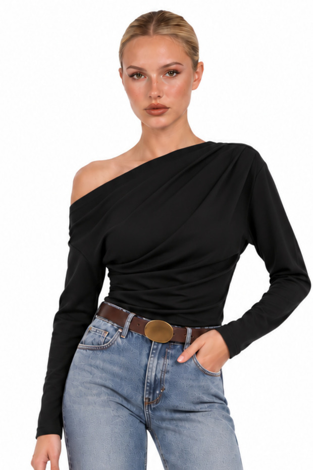 Women's Asymmetrical Collar Blouse | Gathered and Draped Detailed Design | Fitted Slim Fit | Long Sleeves | Scuba Crepe Knitted Fabric | Half Pat Buttoned | Flowing Design | Casual Stylish Women's Tops | Modern Elegant Blouse