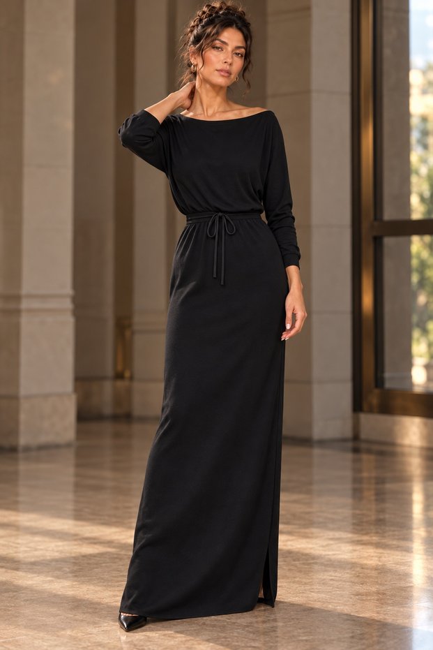 Women's Long Sleeve Madonna Collar Waist Tie Slit Detailed Viscose Two Thread Long Dress Daily Casual Stylish Dress