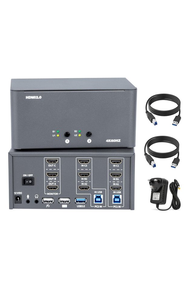 سويتش KVM HDMI لثلاث شاشات وجهازي كمبيوتر، 4K@60Hz USB 3.0