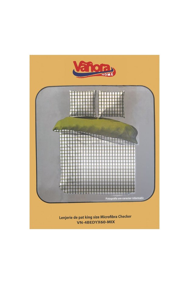 VANORA Bed Linen Set, 4 Pieces, Green Check Pattern