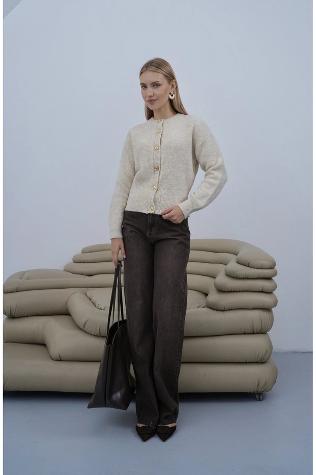 High Waist Cut-Out Leg Opening Jeans Brown