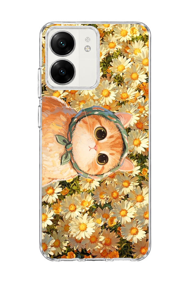 Redmi 13C Compatible Orange Cat Daisy Printed Transparent Phone Case with Scarf