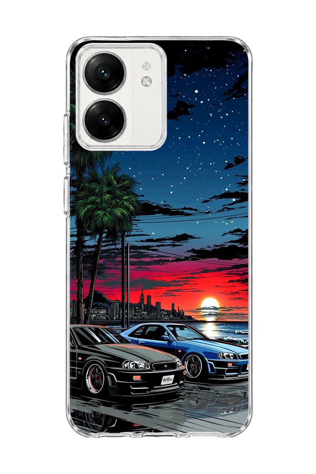 Redmi 13C Compatible Sports Cars Night Coast Printed Transparent Phone Case