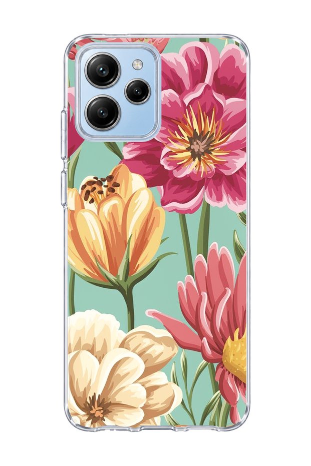 Redmi 12 Compatible Large Flower Mint Green Printed Transparent Phone Case