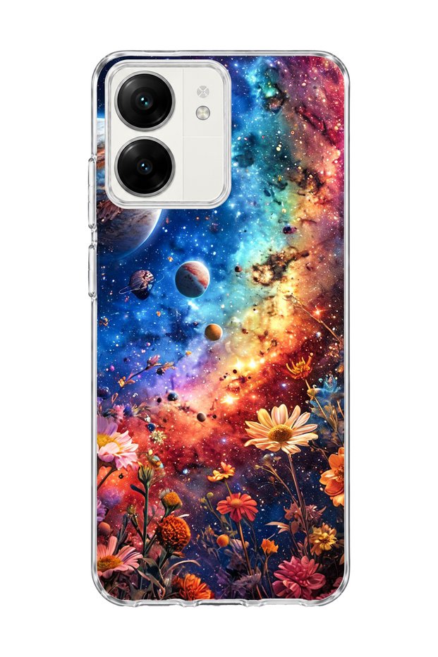 Redmi 13C Compatible Galaxy and Flowers Printed Transparent Phone Case