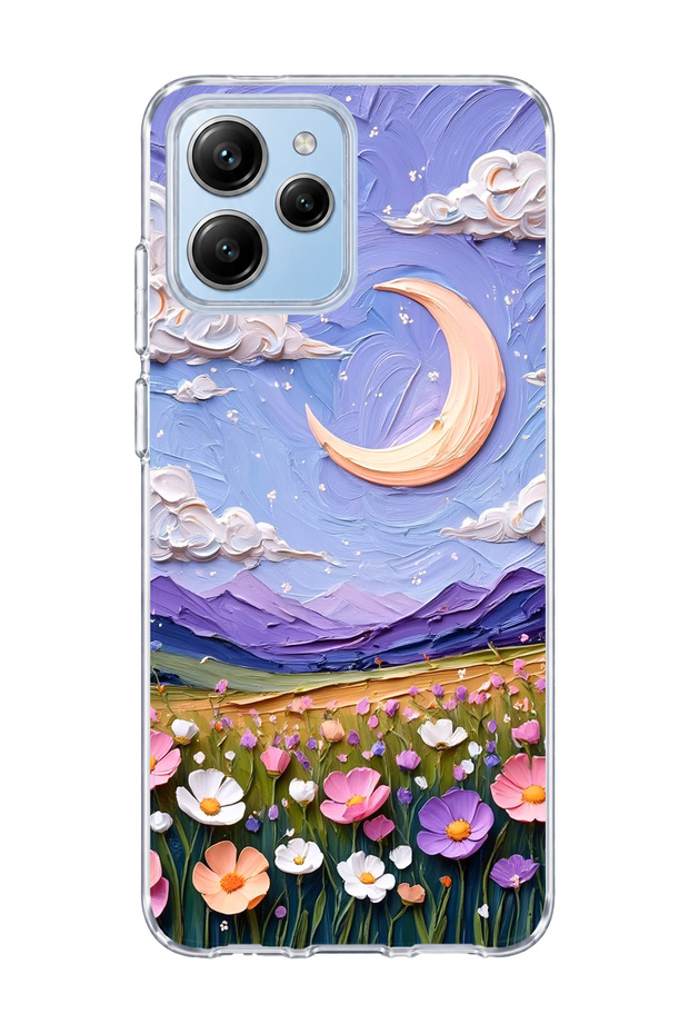 Poco M6 Pro 5g Compatible Crescent and Flower Field Printed Transparent Phone Case