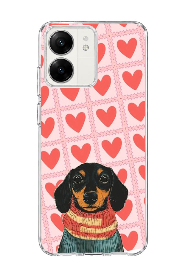 Redmi 13C Compatible Sausage Dog Red Heart Printed Transparent Phone Case