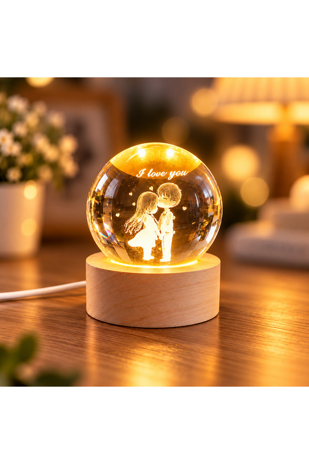3D Led Lighted Mini Glass Globe with Lover Figure and Wooden Stand - Night Light