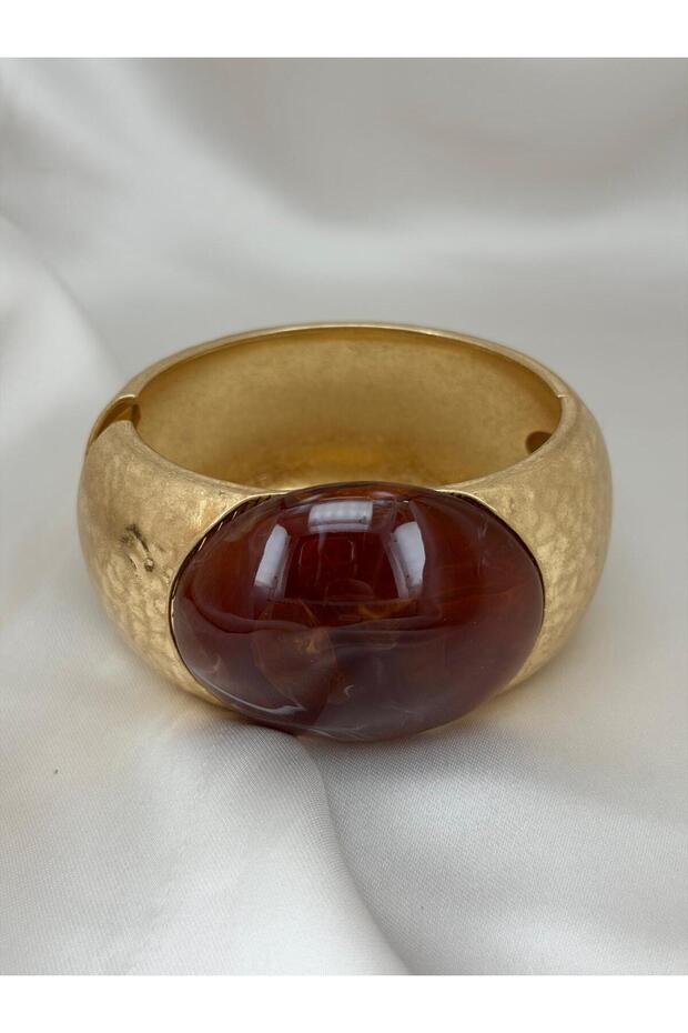 Gold Color Antique Textured Stone Detailed Thick Wide Modern Stylish Women's Bracelet