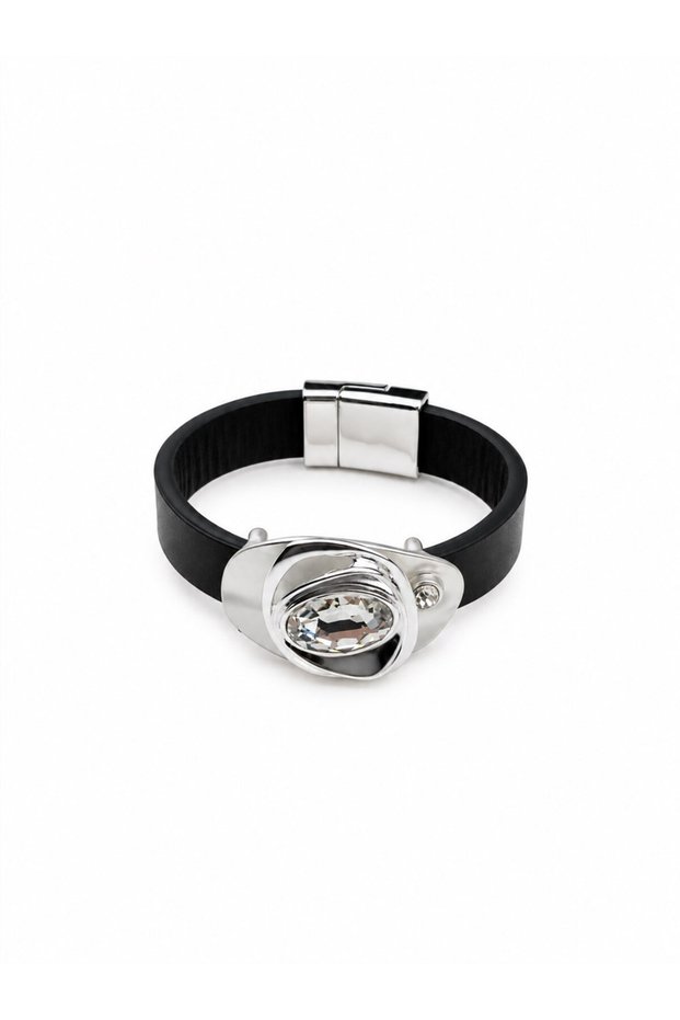 Oval Stone Detailed Geometric Shaped Matte Silver Leather Magnetic Bracelet
