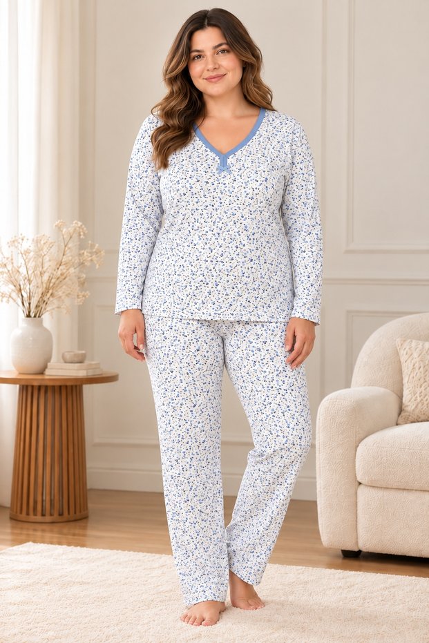 Mother's Pajama Set Winter, Ribbed, V-Neck, Long Sleeve, 100% Combed Cotton, 30/2 Combed, Without Pockets, Blue