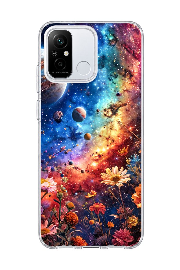 Redmi 12C Compatible Galaxy and Flowers Printed Transparent Phone Case