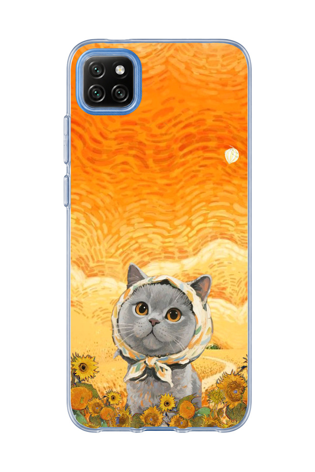 Redmi 9C Compatible Gray Cat Sunflower Printed Transparent Phone Case with Scarf