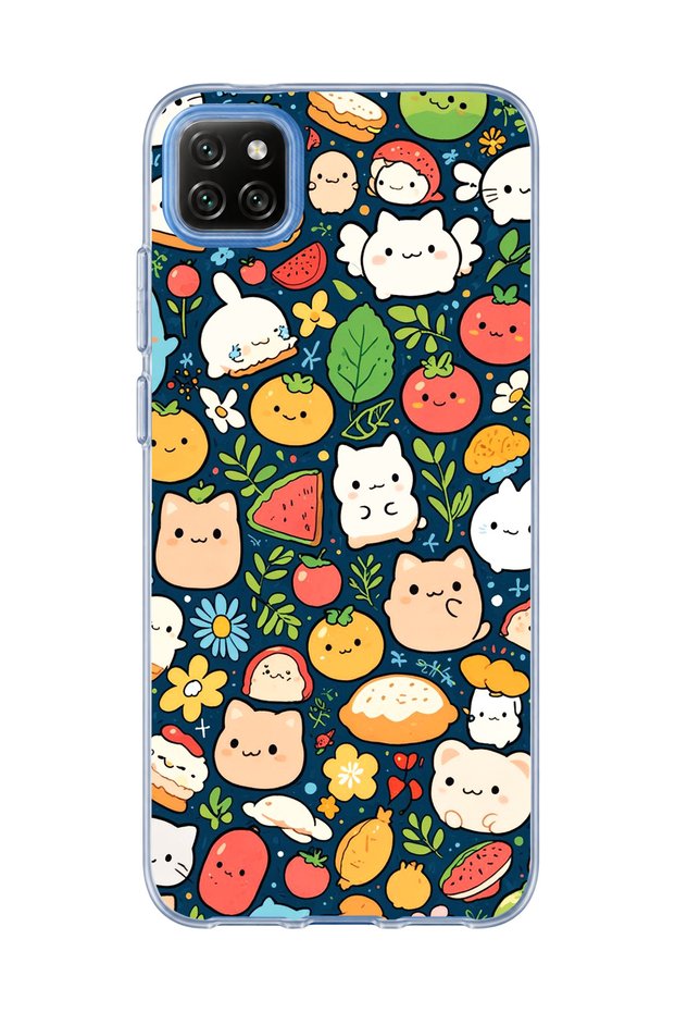 Redmi 9C Compatible Cat Fruit Navy Blue Printed Transparent Phone Case