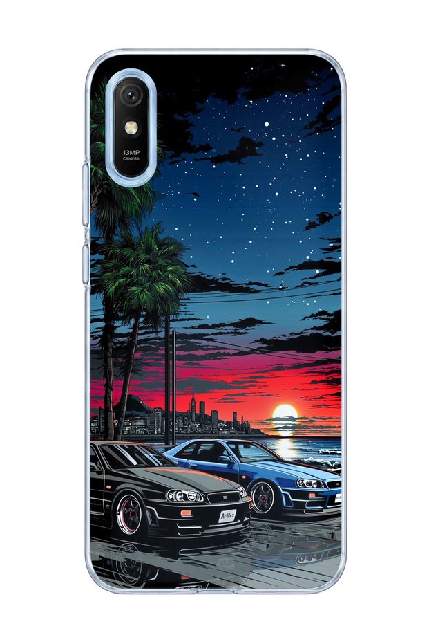 Redmi 9A Compatible Sports Cars Night Coast Printed Transparent Phone Case