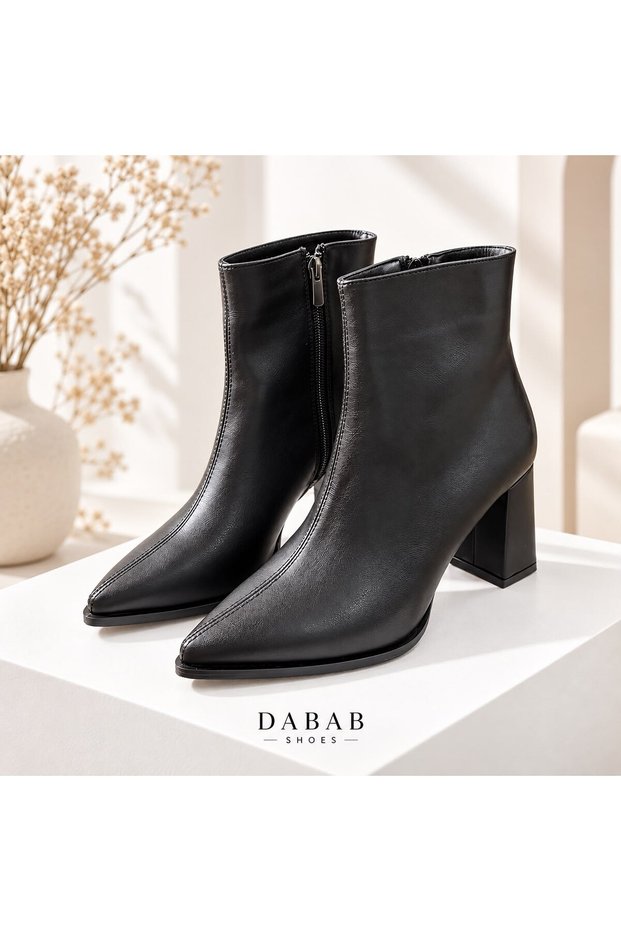 Yona Women's Black Leather Pointed Toe Front Stitching Detailed Zippered Warm Lining Inside 7 cm Thick Heeled Boots