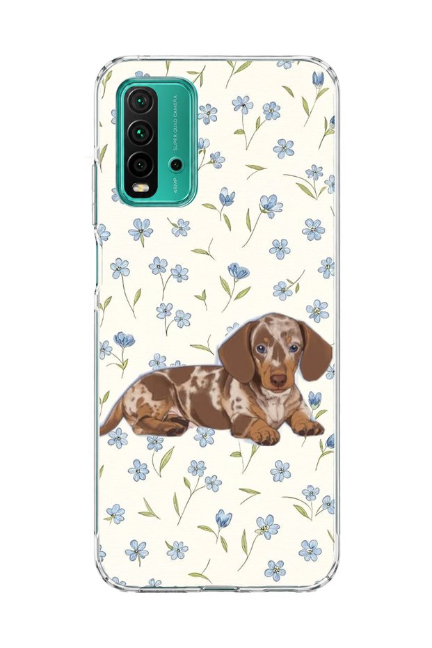 Redmi 9t Compatible Sausage Dog Blue Flower Printed Transparent Phone Case