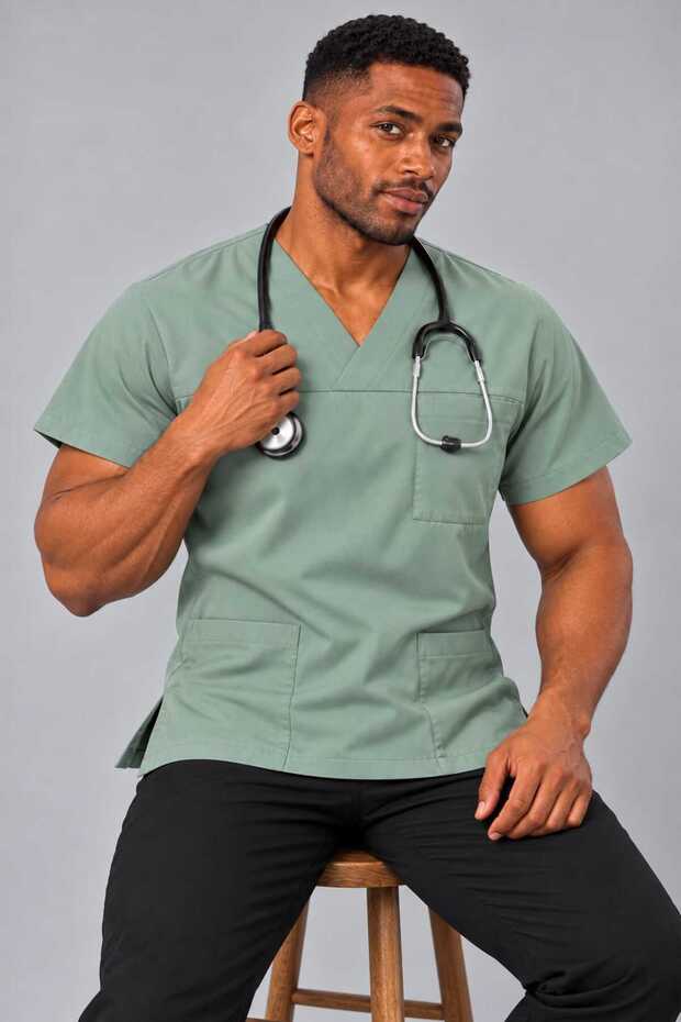 (E-Flex) Lemon Mold Green Lycra Men's Single Top Non-Ironing Nurse and Doctor Uniform Scrubs Hospital Uniform