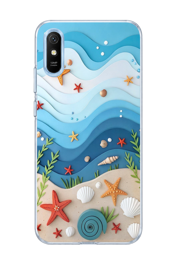 حافظة هاتف شفافة متوافقة مع Redmi 9A مطبوعة بنجمة البحر باللون الأزرق