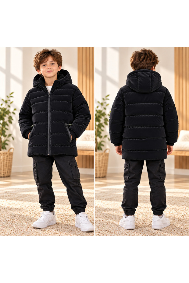 Special Production Nova Fabric Boy's Hooded Coat Black Color Zippered Winter Thick Coat