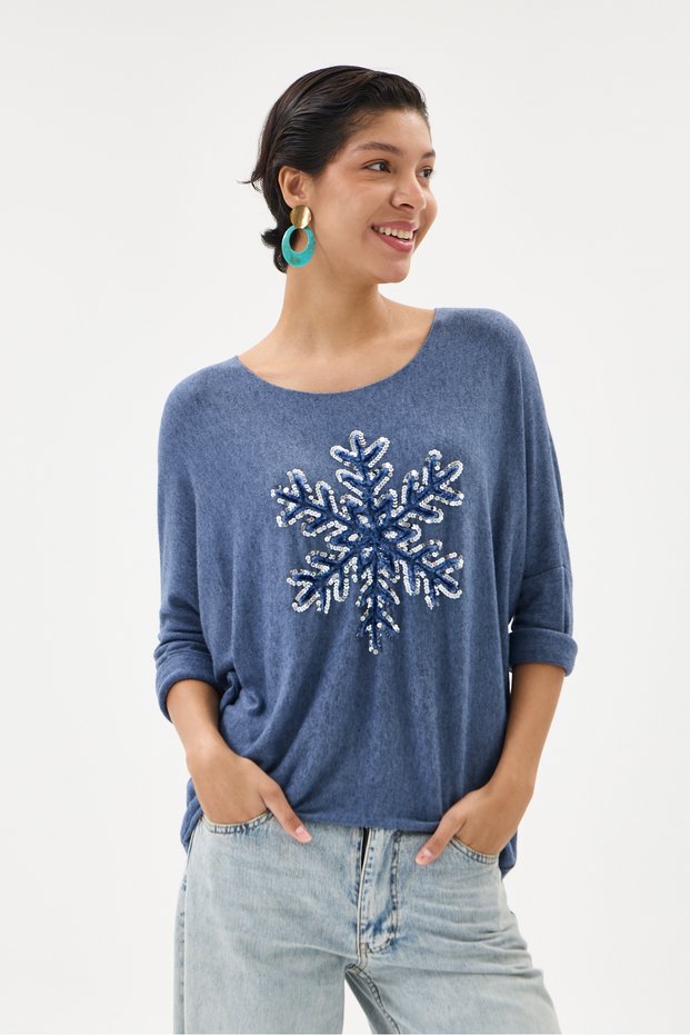 Women's Blue Italian Snowflake Patterned Sequined Lycra Knitwear Sweater 40 - 46 Size