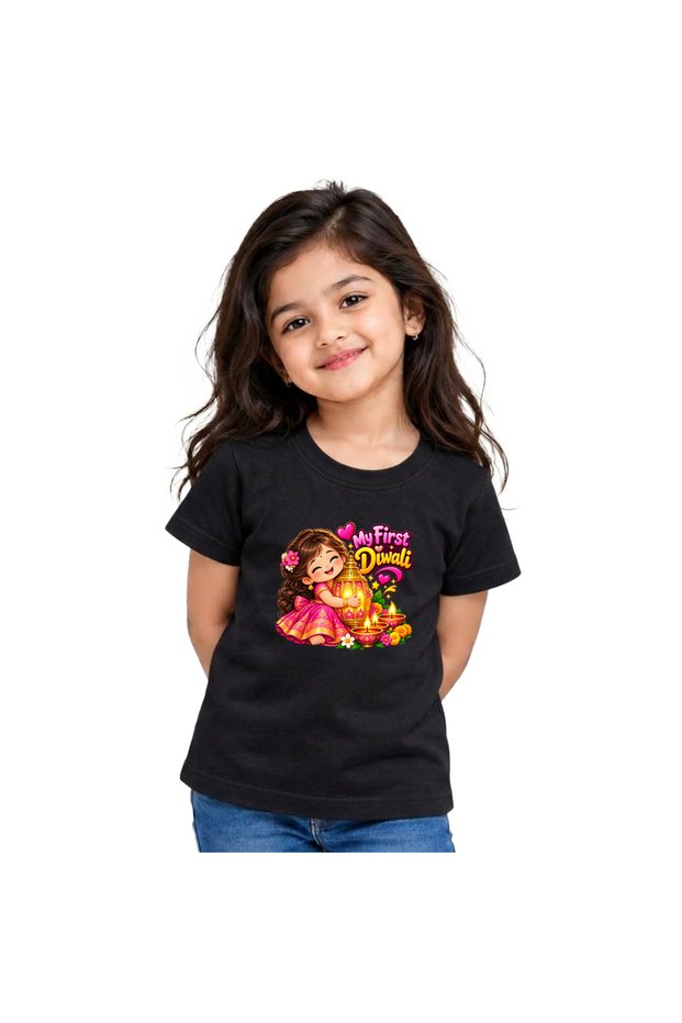 Girls Diwali T-Shirt | Cotton Tee | Round Neck Short Sleeve Festive Wear