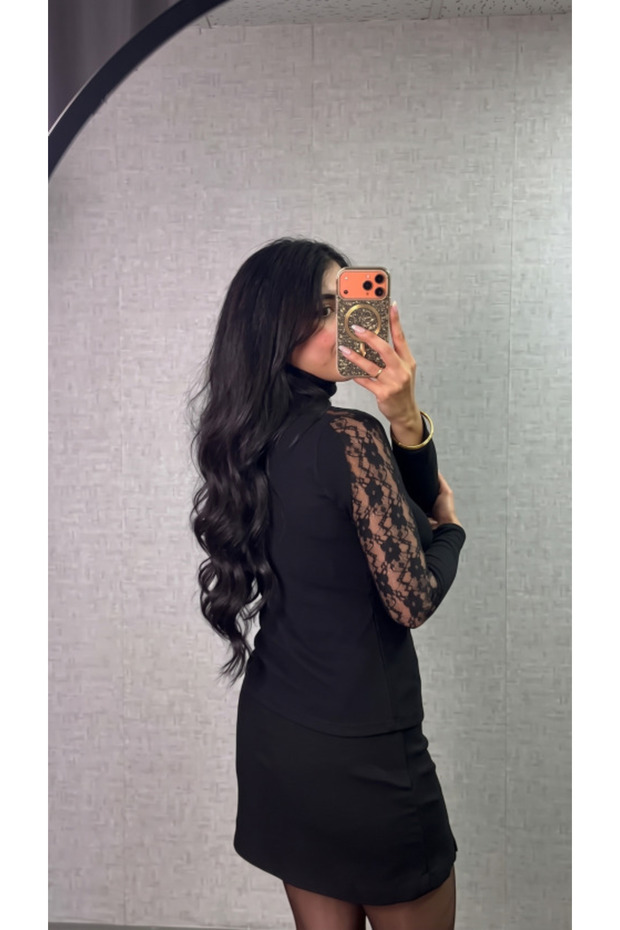 Women's Black Turtleneck Lace Sleeve Detailed Camisole Blouse