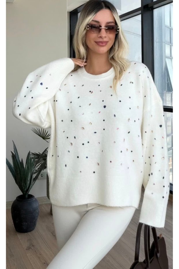 Colorful Stone Embroidered Sweater