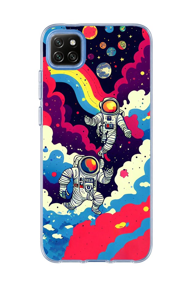 Redmi 9C Compatible Astronaut and Rainbow Printed Transparent Phone Case