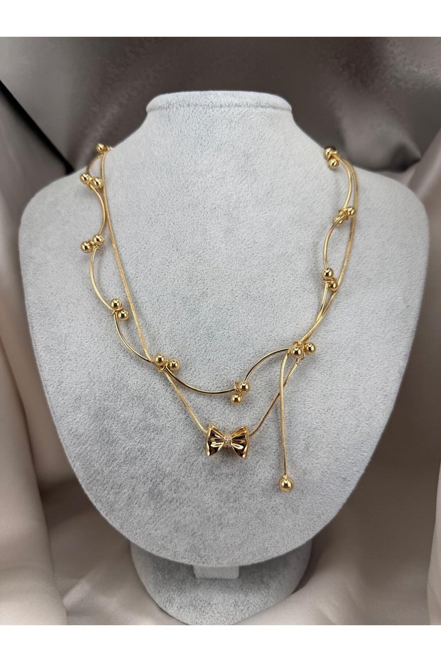 Asymmetrical Stylish Women's Necklace with Bow Figure and Double Chain Bead Detail