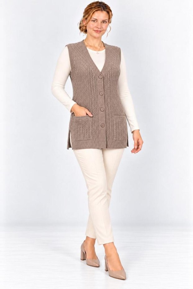 Plus Size Mink Hair Knitted Patterned V-Neck Buttoned Pocketed Long Stylish Mother's Knitwear Vest