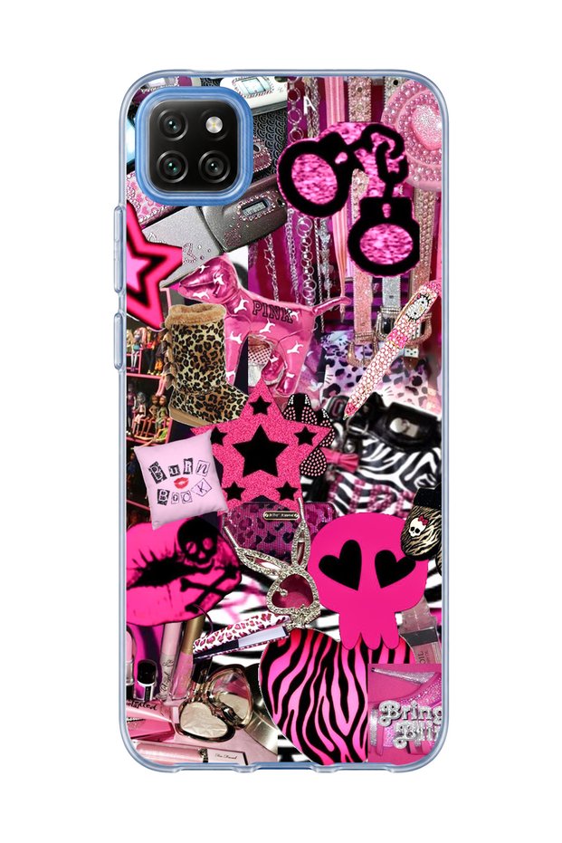 Redmi 9C Compatible Pink Star Zebra Printed Transparent Phone Case