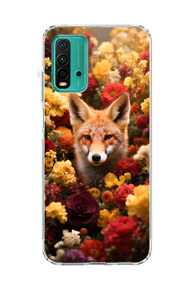 Redmi 9t Compatible Transparent Phone Case with Fox and Flowers Printed Design