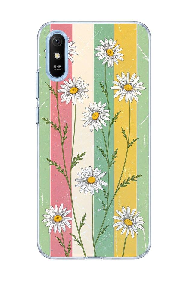 Redmi 9A Compatible Daisy Colorful Striped Printed Transparent Phone Case