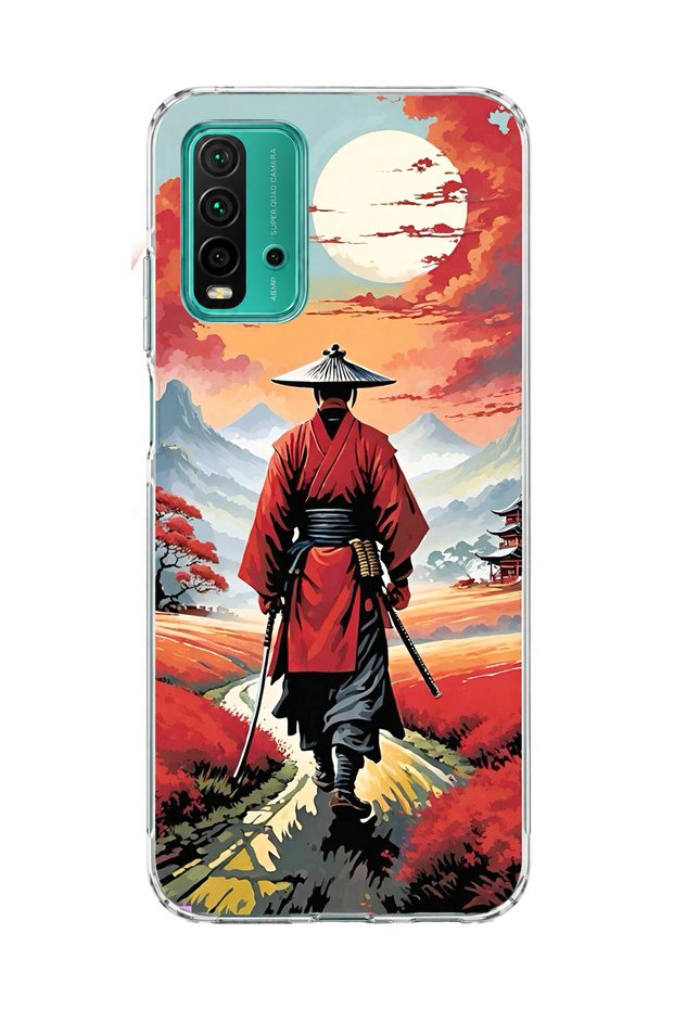 Redmi 9t Compatible Red Kimono Samurai Printed Transparent Phone Case