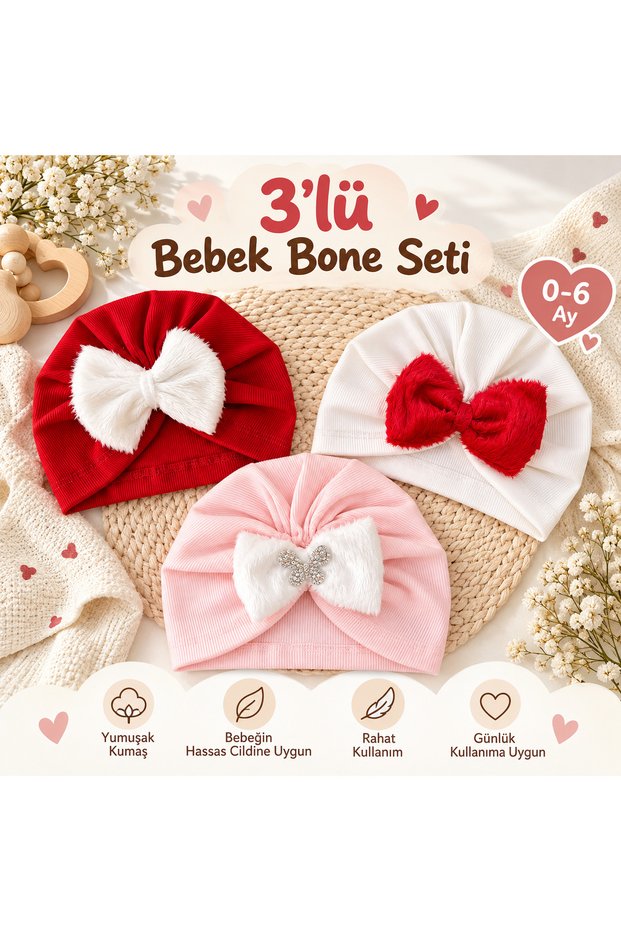 3-Piece Plush Bow Baby Girl Bonnet Set